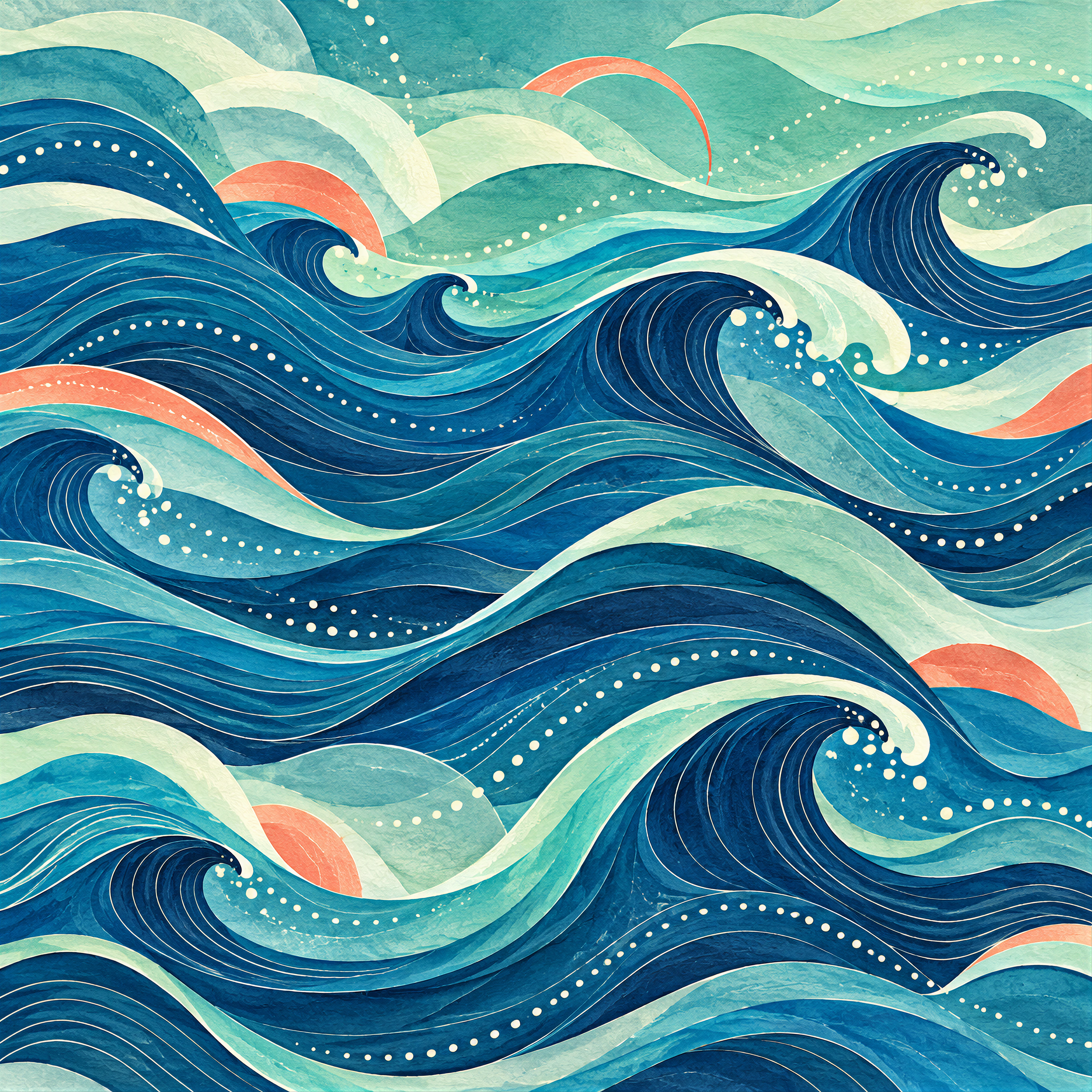 Tidal Layers: textured navy, teal and cream waves with coral accents