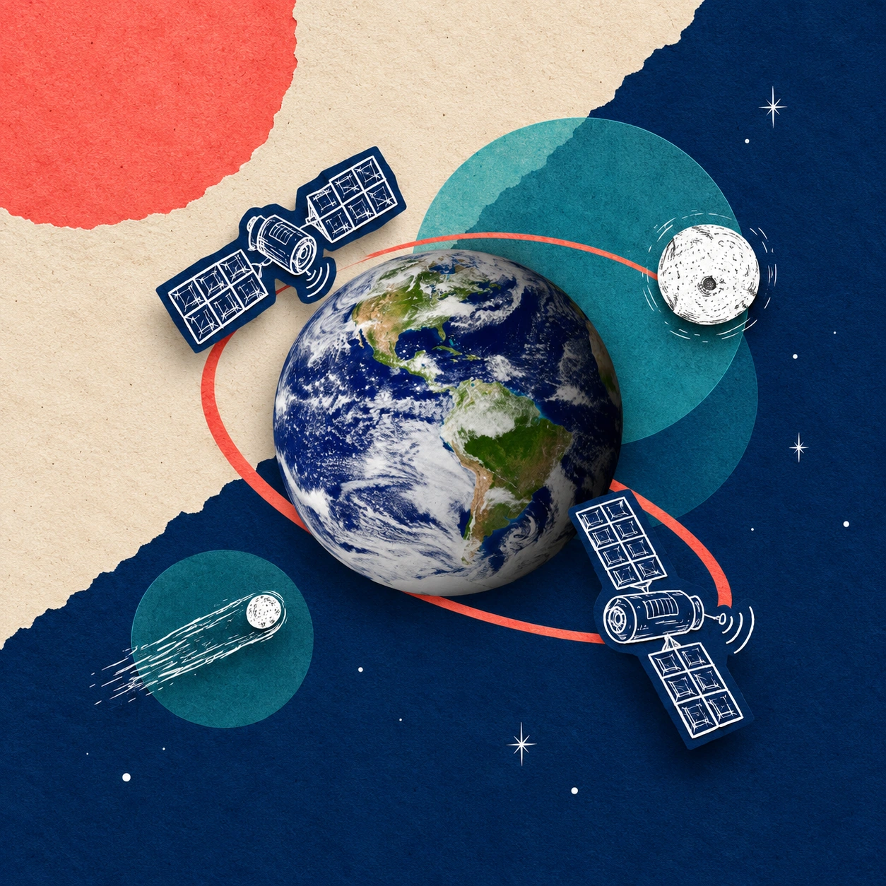 Earth and orbiting satellites in a paper collage
