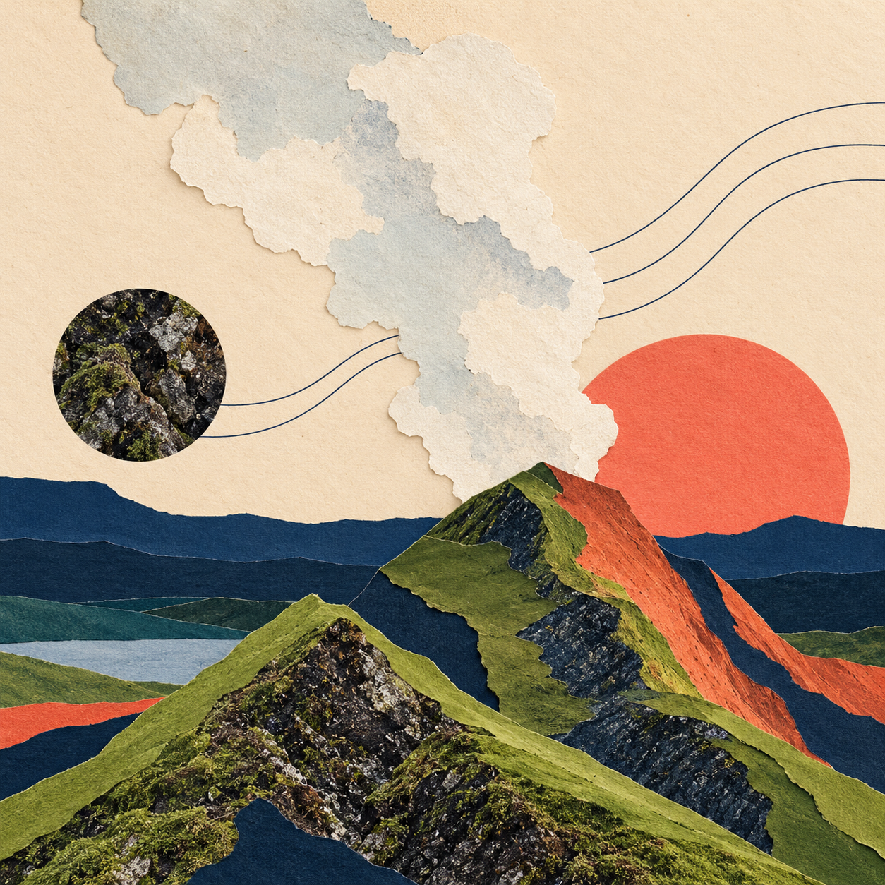 Volcanic landscape and rising ash illustrated with layered paper