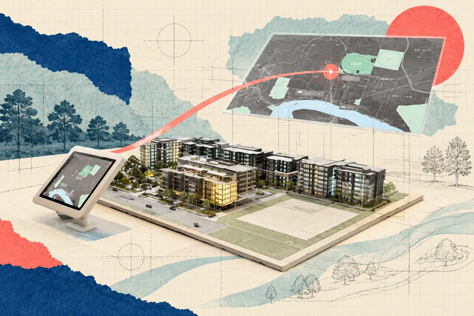 Touchscreen and architectural model linked to an interactive map, with cut-paper illustration
