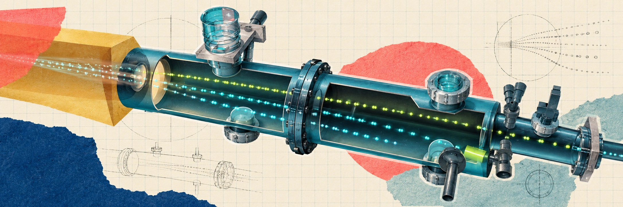 Cutaway scientific instrument showing glowing particle paths, with paper collage and technical sketches