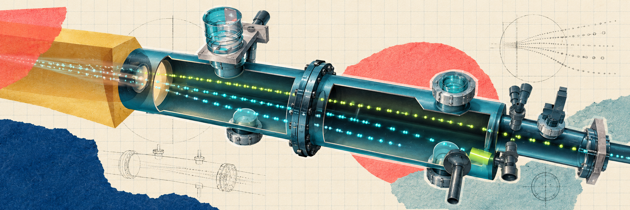 Cutaway scientific instrument showing glowing particle paths, with paper collage and technical sketches