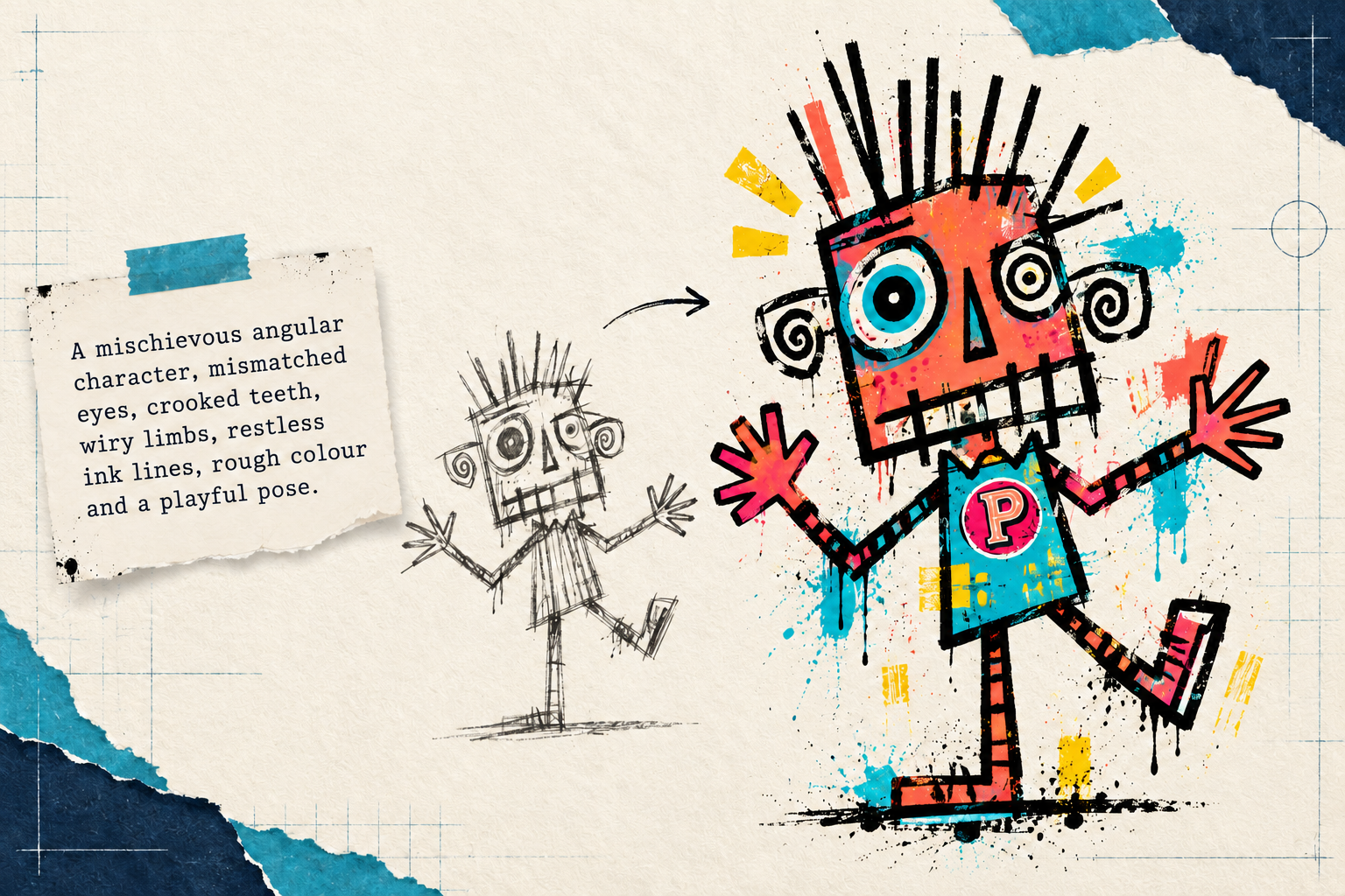 A detailed text prompt evolving through a pencil sketch into a colourful Popplehoop character