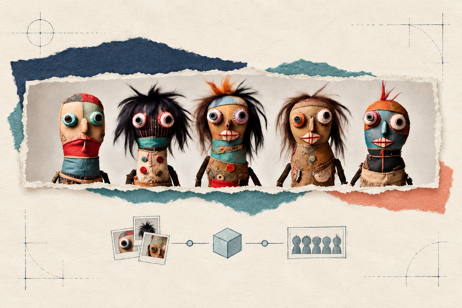 Five Popplehoop patchwork dolls presented on textured paper with a simple model workflow