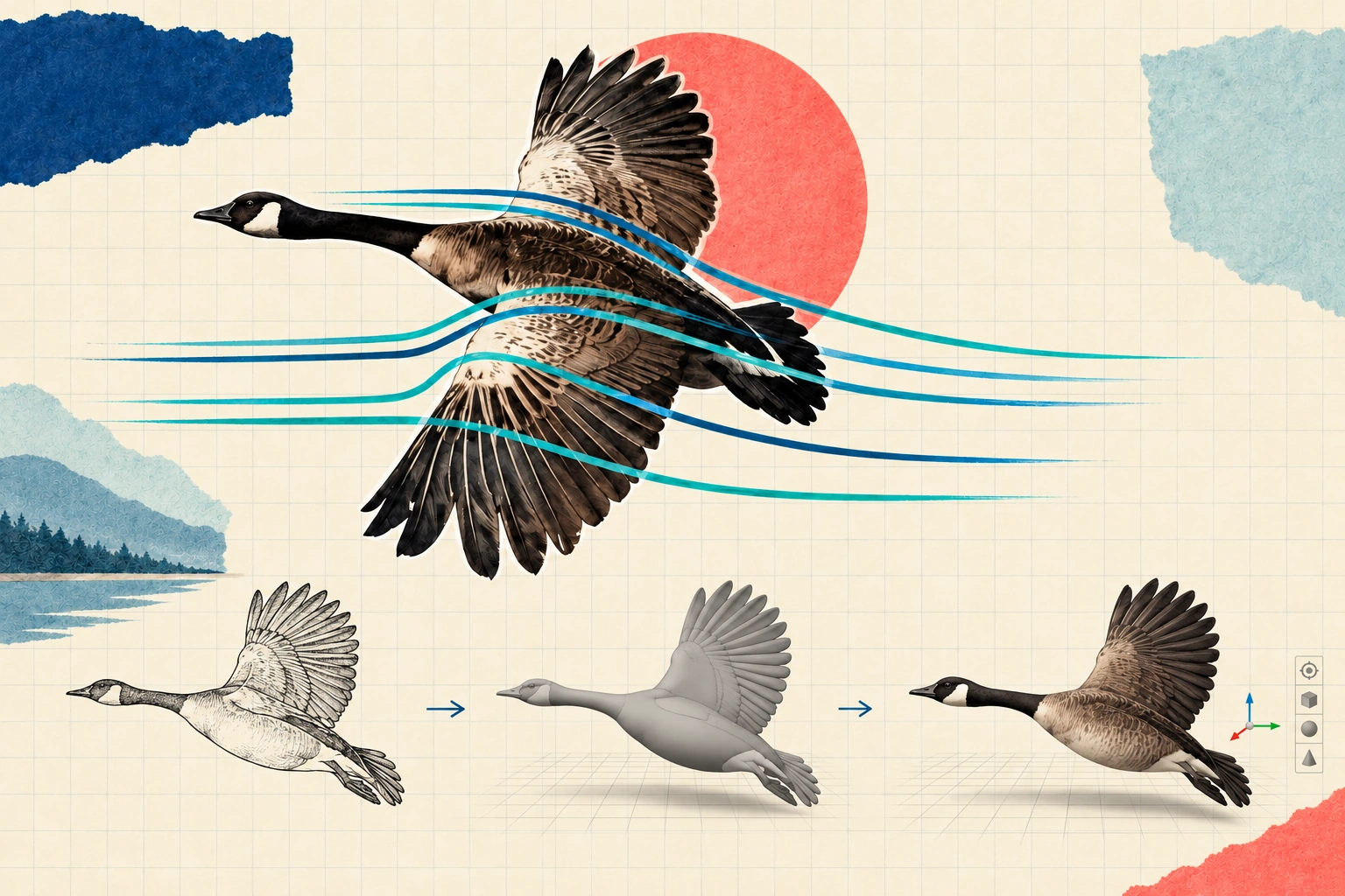 Large flying bird above three equally sized stages: pencil drawing, grey 3D model and shaded bird with floor grid and shadows
