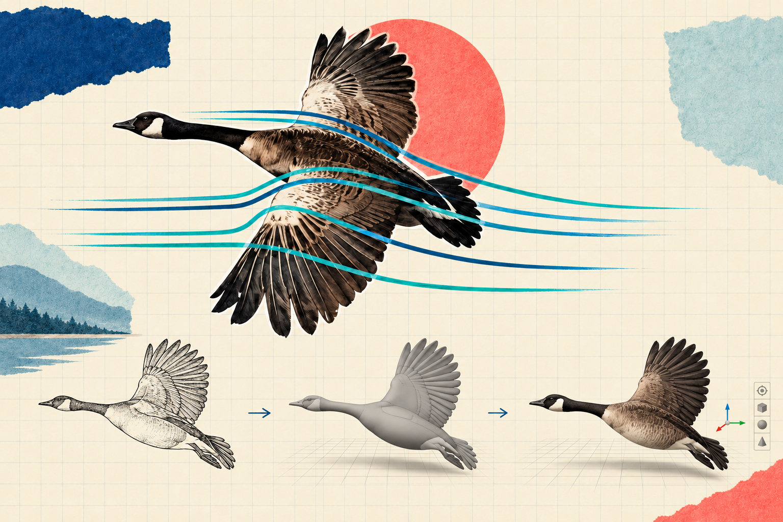 Large flying bird above three equally sized stages: pencil drawing, grey 3D model and shaded bird with floor grid and shadows