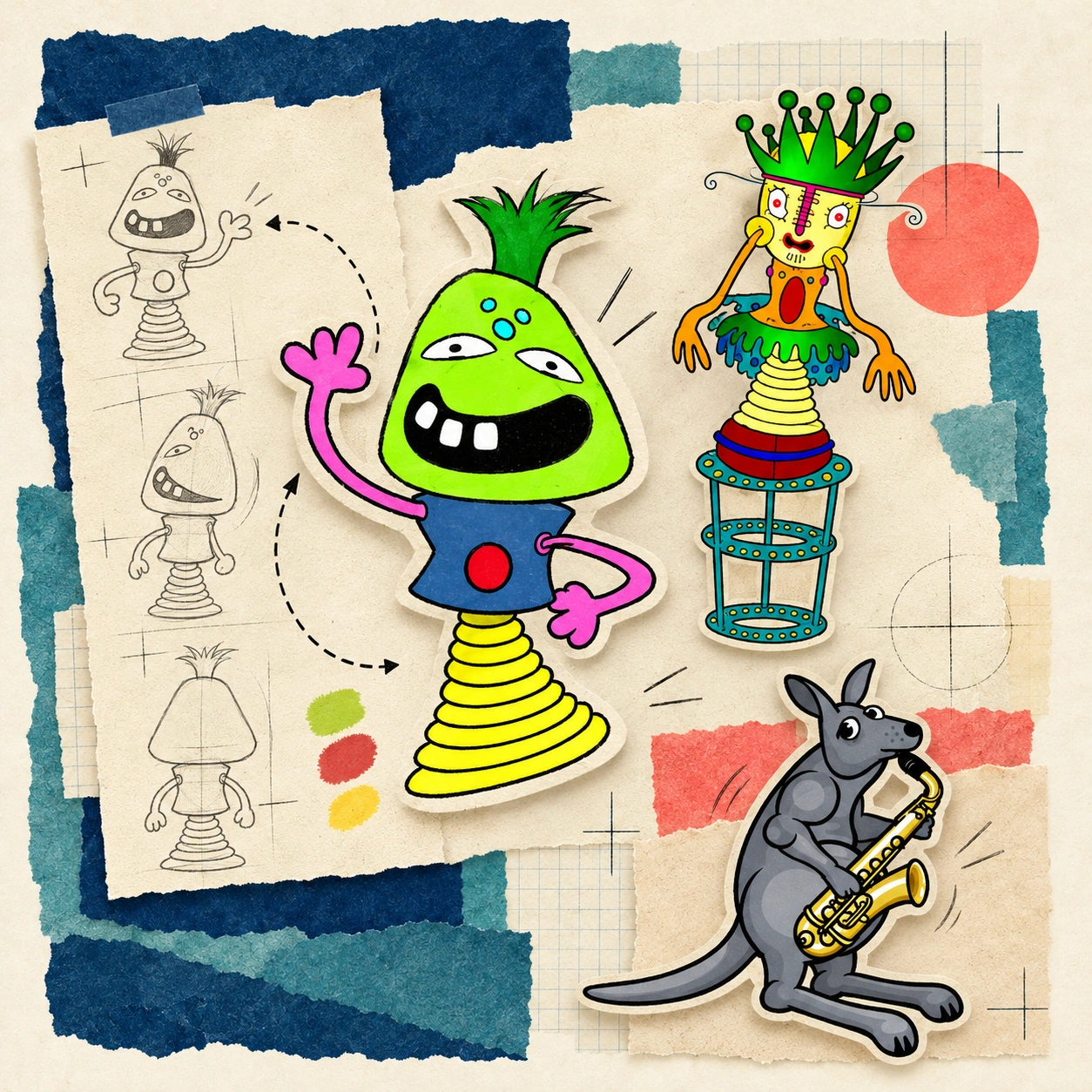 Schnezel characters and saxophone-playing kangaroo with character sketches on layered paper