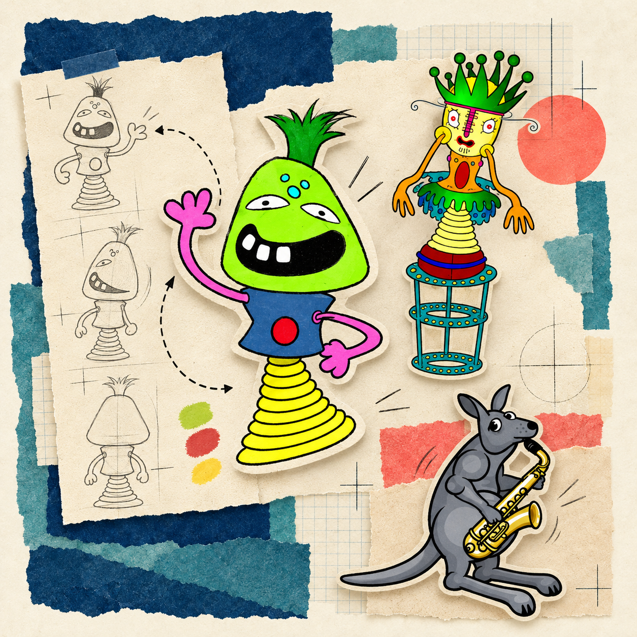 Schnezel characters and saxophone-playing kangaroo with character sketches on layered paper