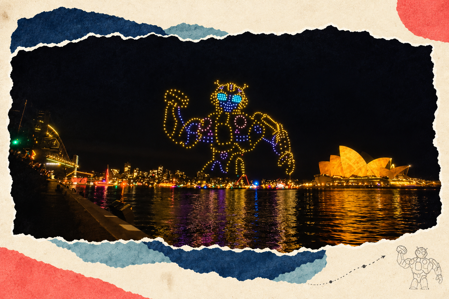 Bumblebee drone light show over Sydney Harbour with the Opera House, framed with torn paper
