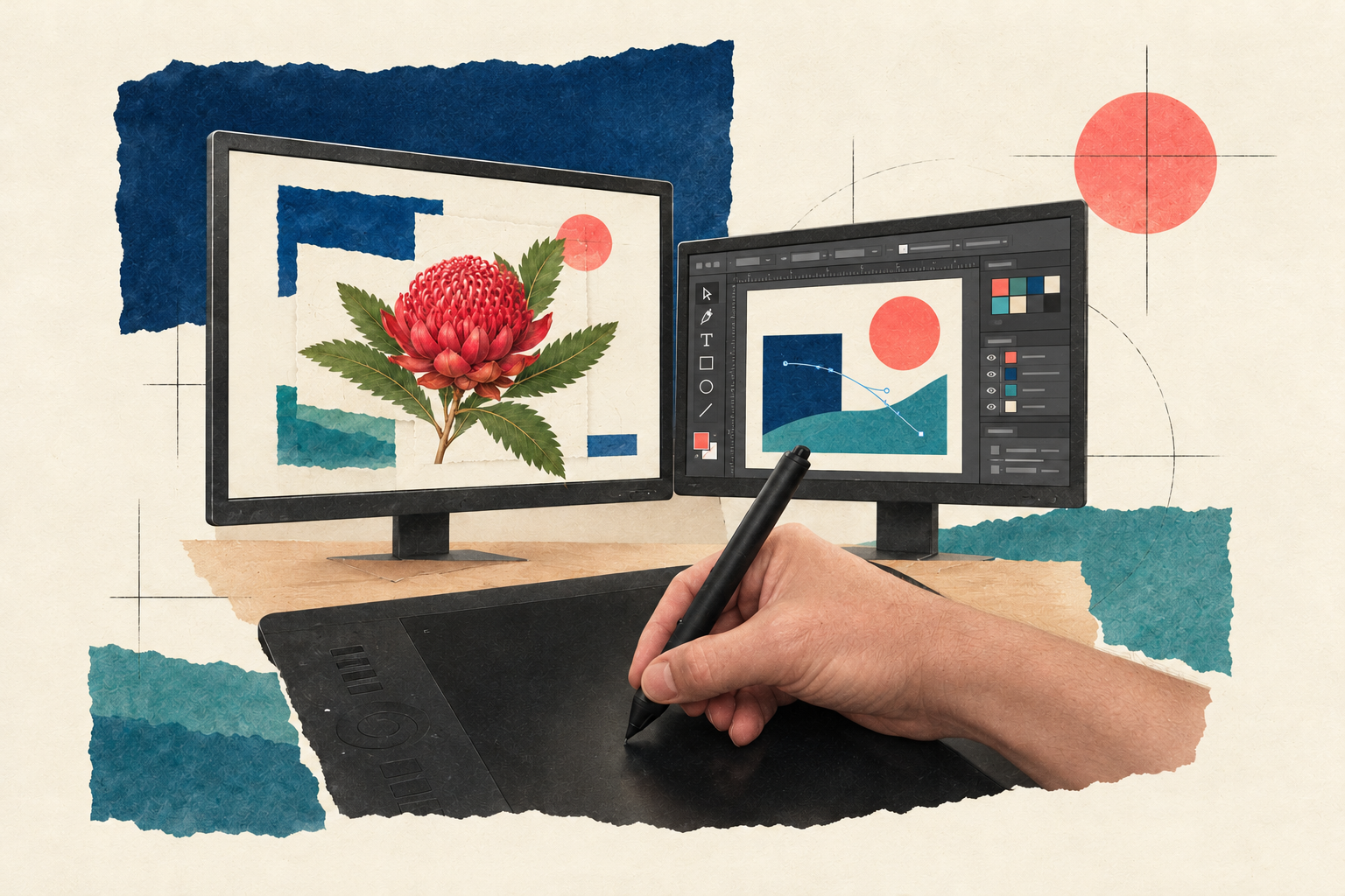 Hand using a pen tablet beside a botanical illustration and vector-design workspace with tools, colour palettes and layers