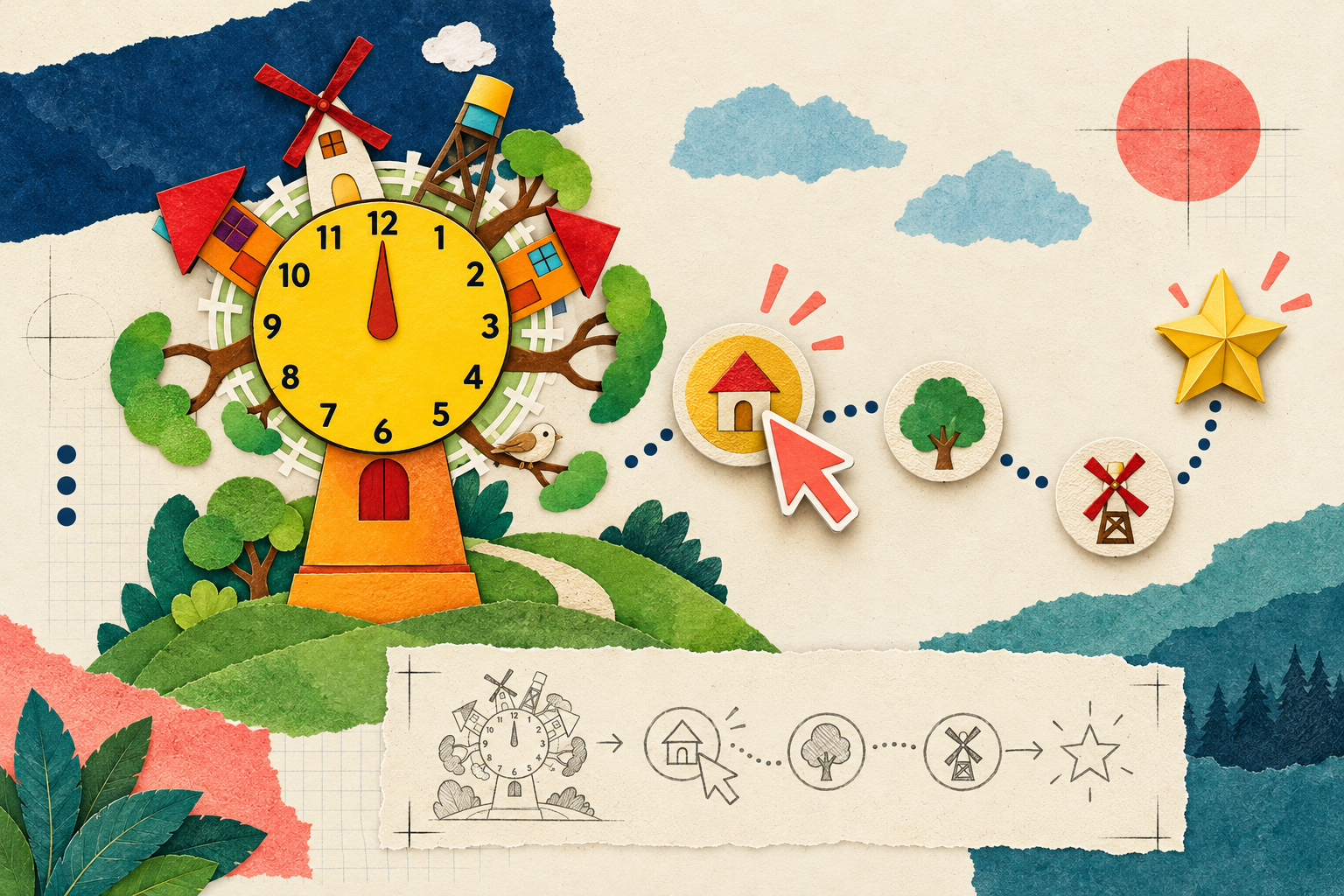 A playful paper clock game with choices and a branching interaction path