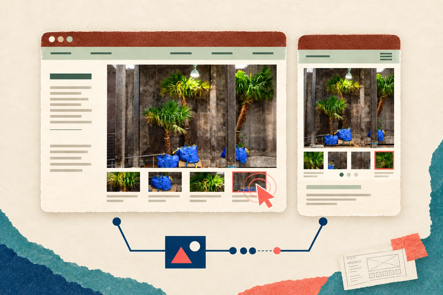 Palm website desktop and mobile layouts connected by interaction diagrams, with a paper wireframe sketch