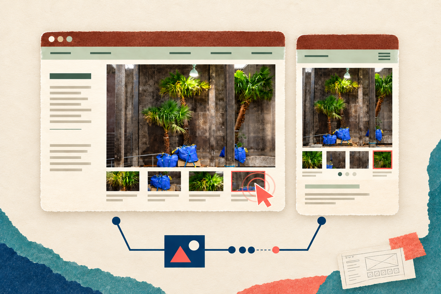 Palm website desktop and mobile layouts connected by interaction diagrams, with a paper wireframe sketch