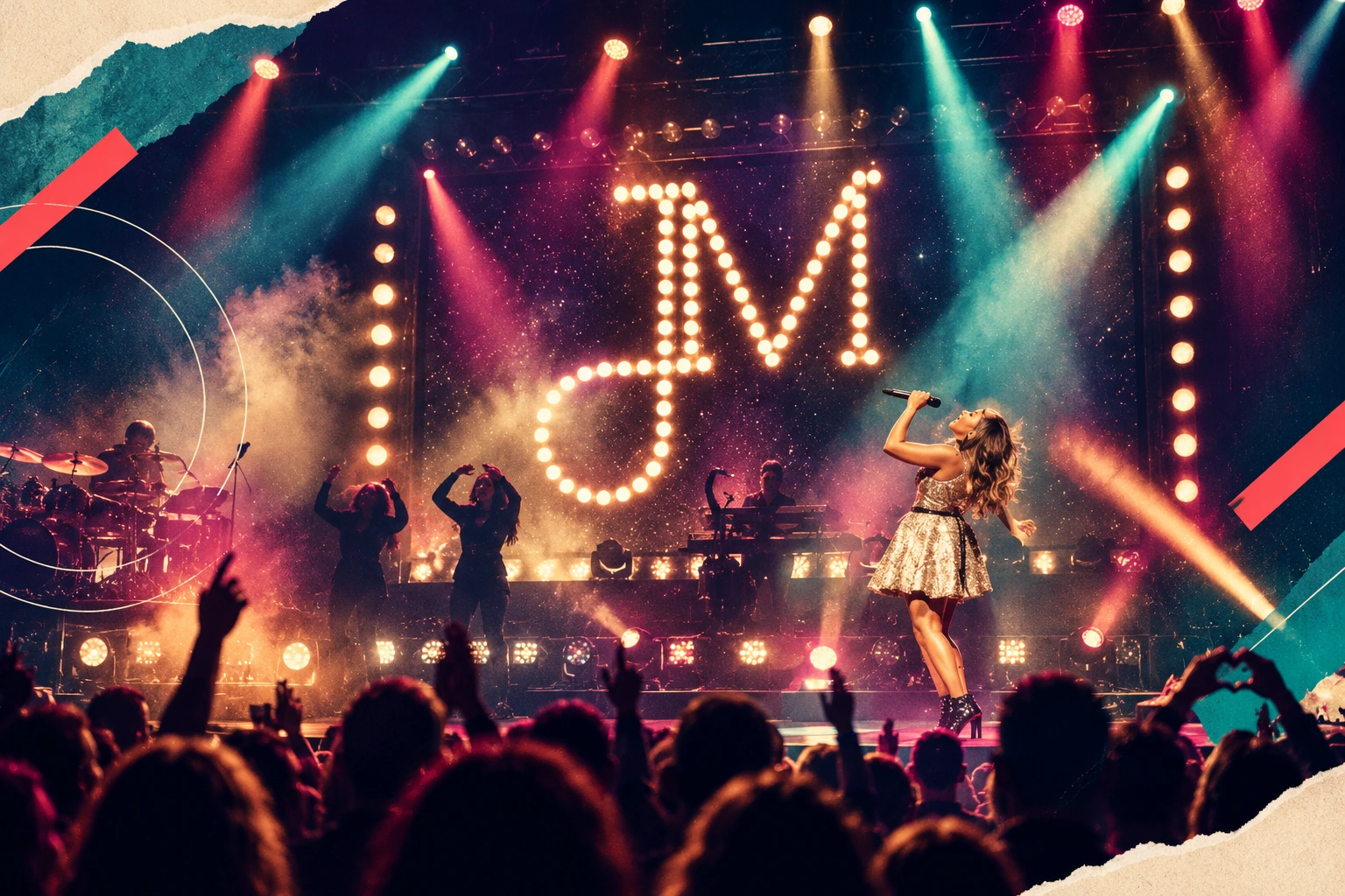 Stylised Jessica Mauboy concert collage with illuminated JM stage graphics, colourful spotlights and a realistic audience