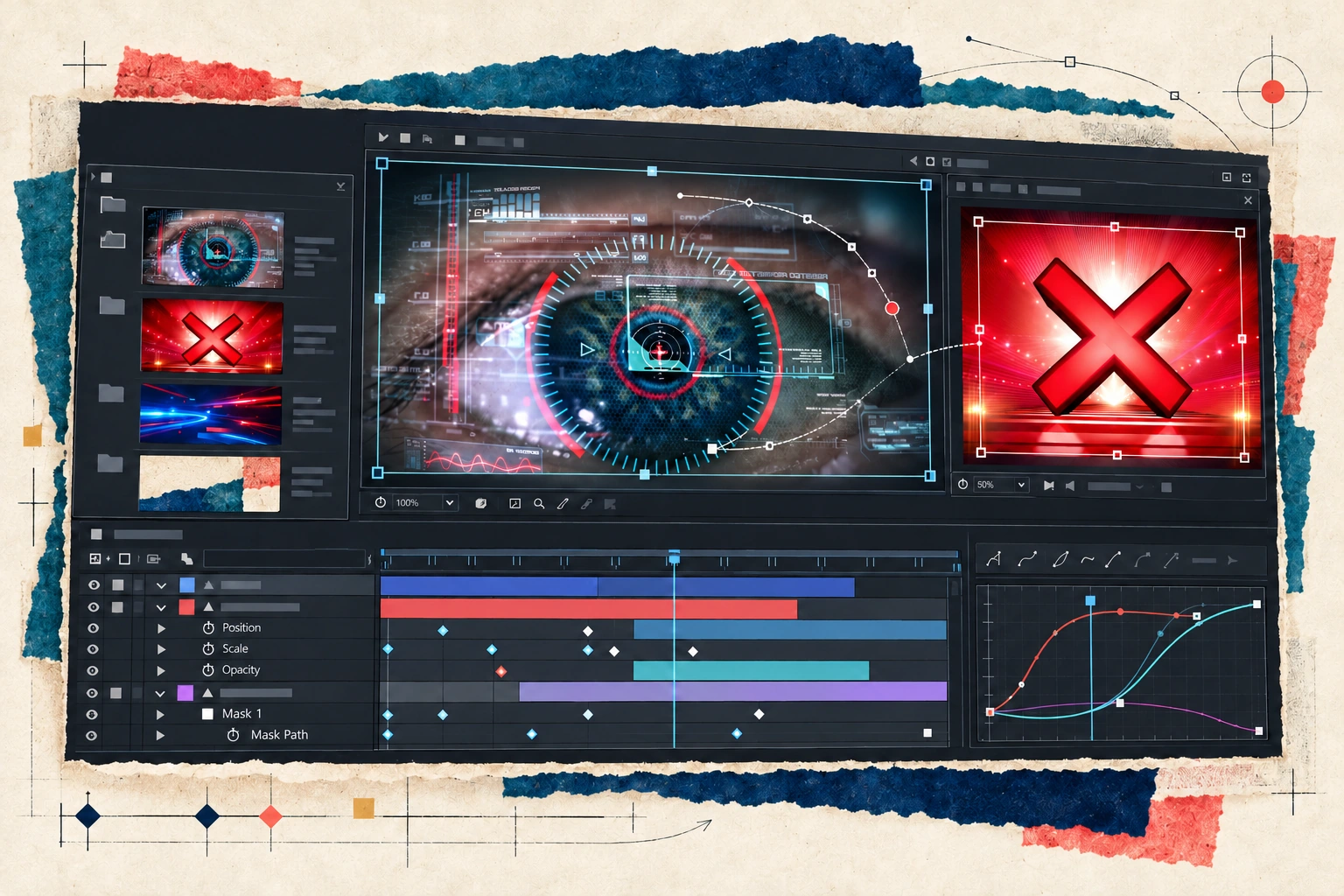 After Effects motion graphics workspace showing an eye HUD composite and red X broadcast graphic with layers, keyframes, masks and animation curves