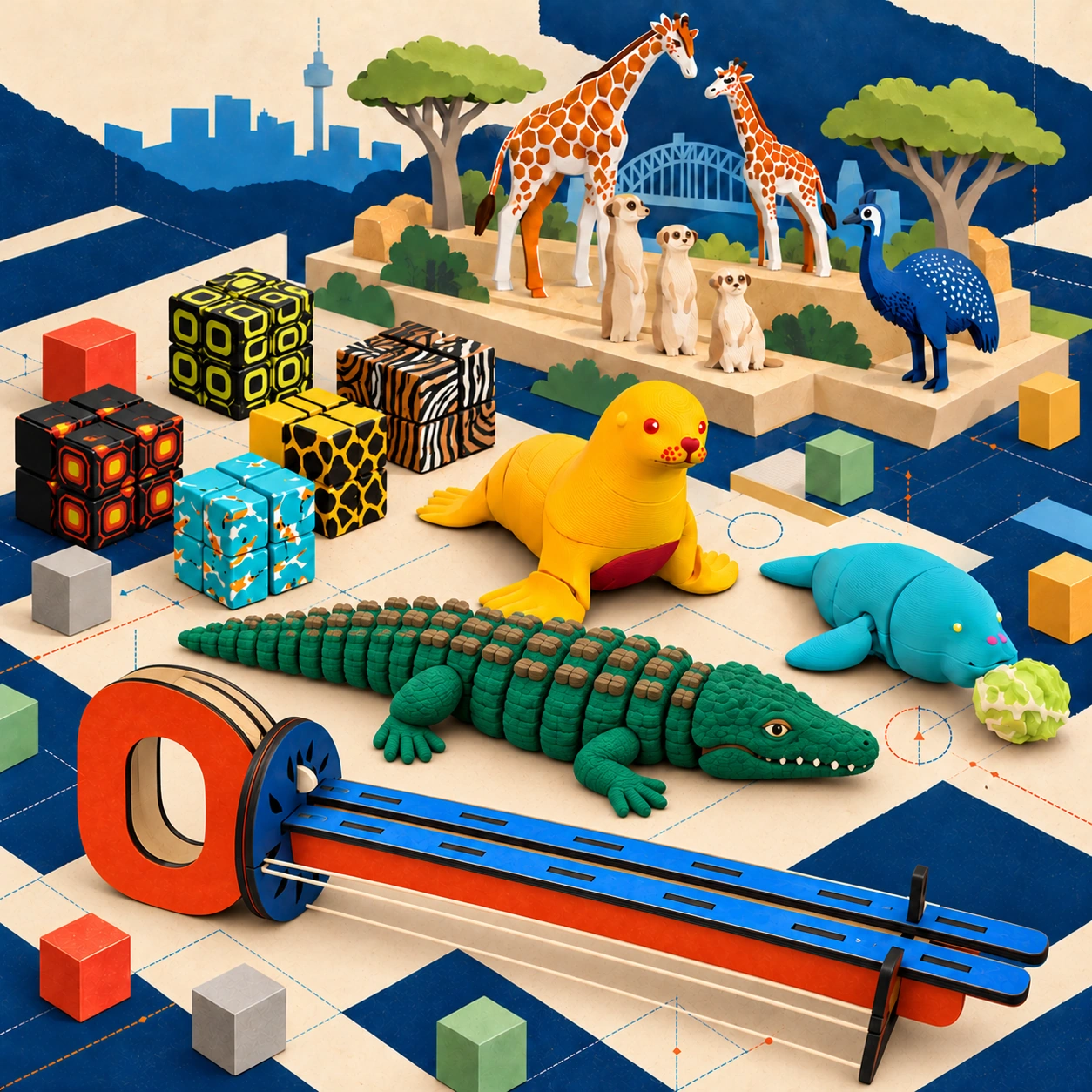 Illustrated Fidgimals, patterned infinity cubes and a giraffe and meerkat diorama on a paper blueprint surface