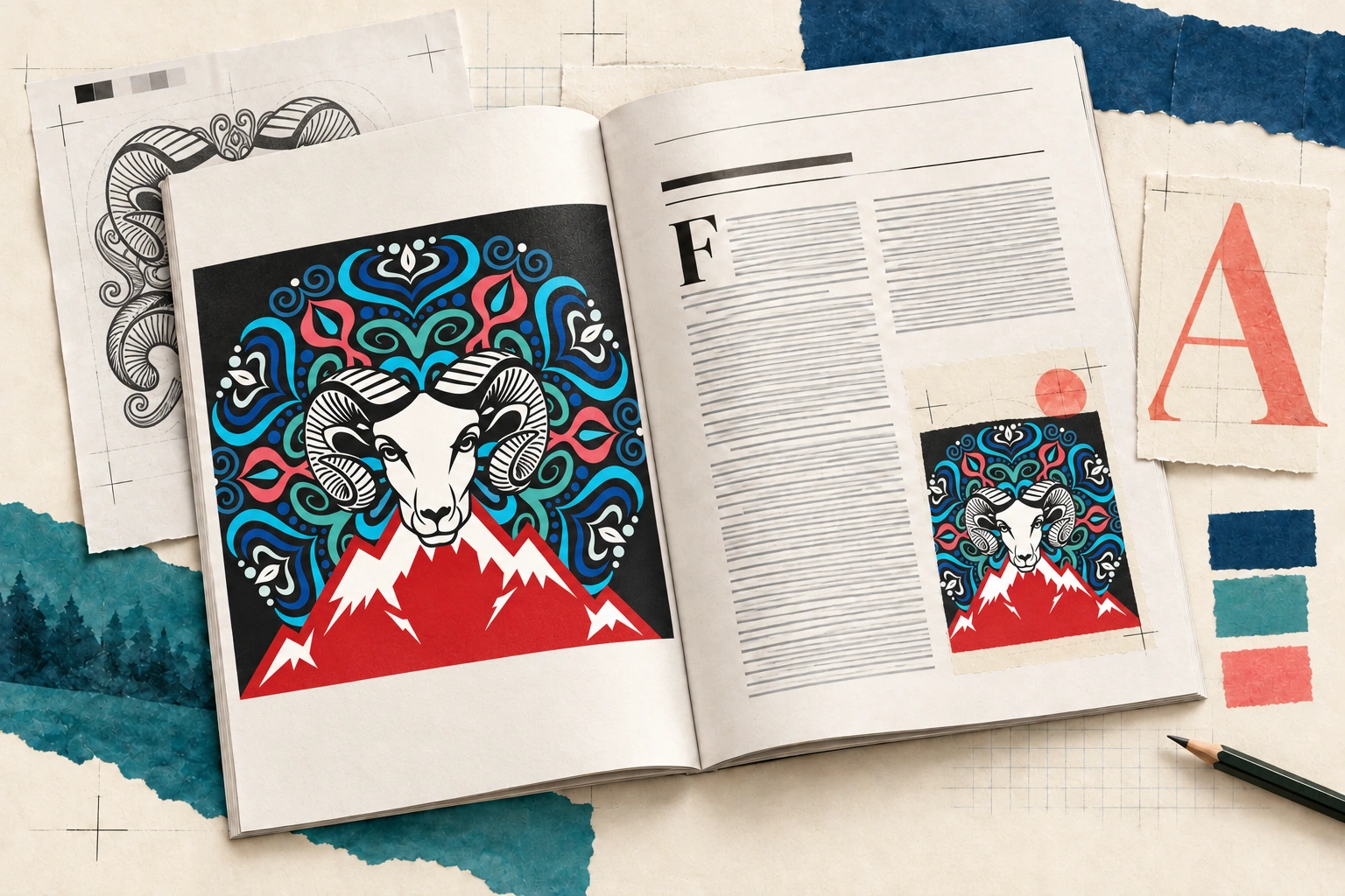 Open magazine displaying the ram, Himalayan mountains and psychedelic ornament artwork from Speed Bump Himalayas