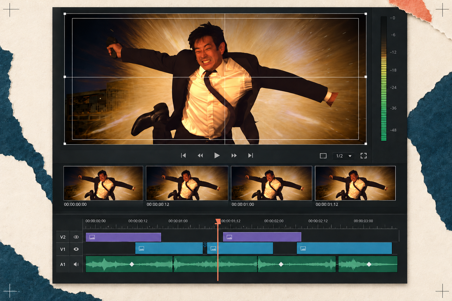 Diving reel shot in an editing interface with safe-area guides, frame thumbnails and a multitrack timeline