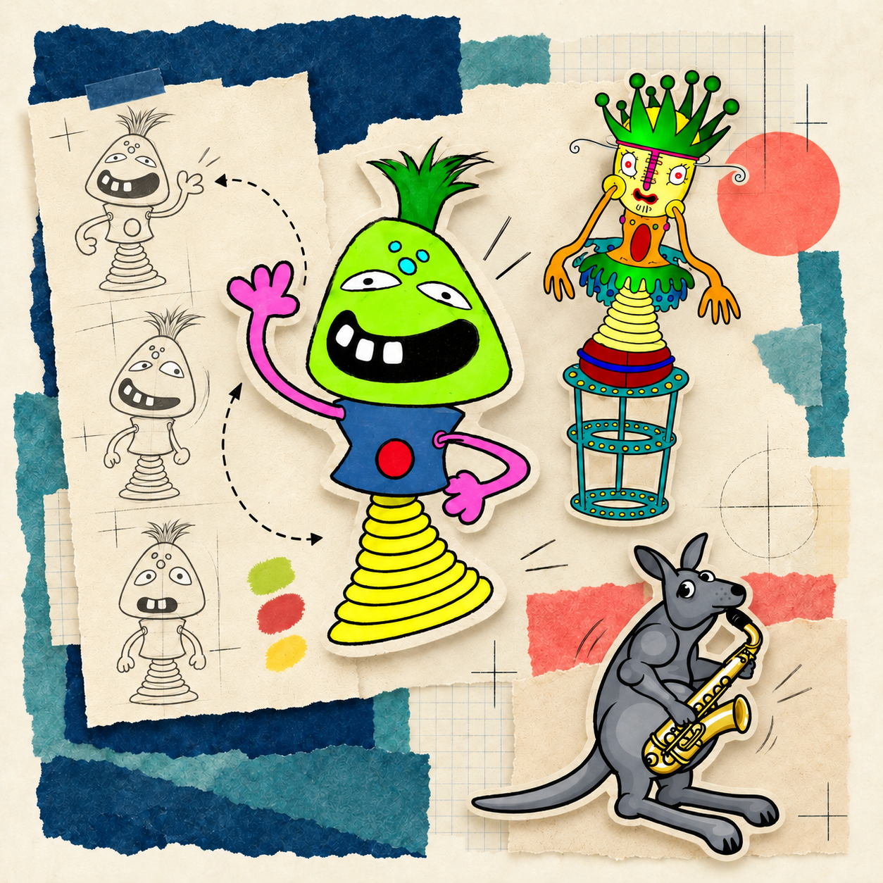 Schnezel characters and saxophone-playing kangaroo with character sketches on layered paper